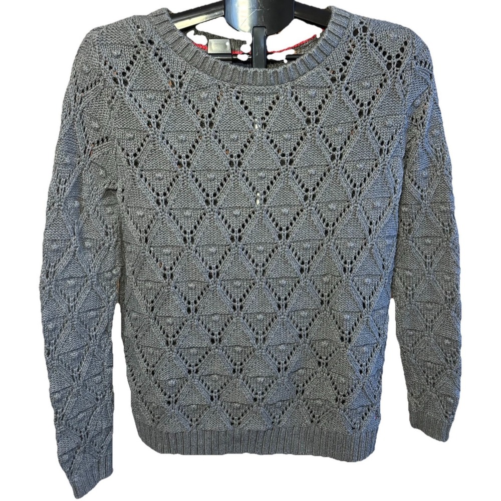 Womens M Grey Tommy Hilfiger Crochet Open Knit Pom Pom Sweater Feminine Romantic